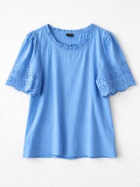Talbots Eyelet Sleeve Blouse Woman XL Blue Ruffle Neck Cotton Top Classic Chic